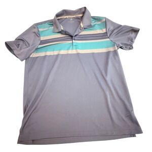 Adidas Golf Polo Shirt Mens L Grey Blue Striped Short Sleeve Performance